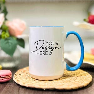 NEW 15oz Accent Ceramic Mug Mockup, Coffee Cup Mock-up, Mug Mock ups 15oz Print on Demand Iced Coffee Glass Printify Mug Light Blue Handle