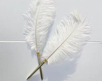White Ostrich Feather Pen, Gold, Elegant Wedding Guestbook Pen