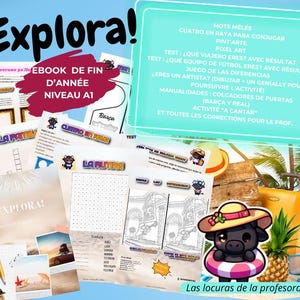 May include: A collection of educational worksheets and activities, including word searches, coloring pages, and quizzes. The image features the title "¡Explora!" and text in Spanish and French, along with cartoon illustrations of a bull wearing a hat and a pineapple.