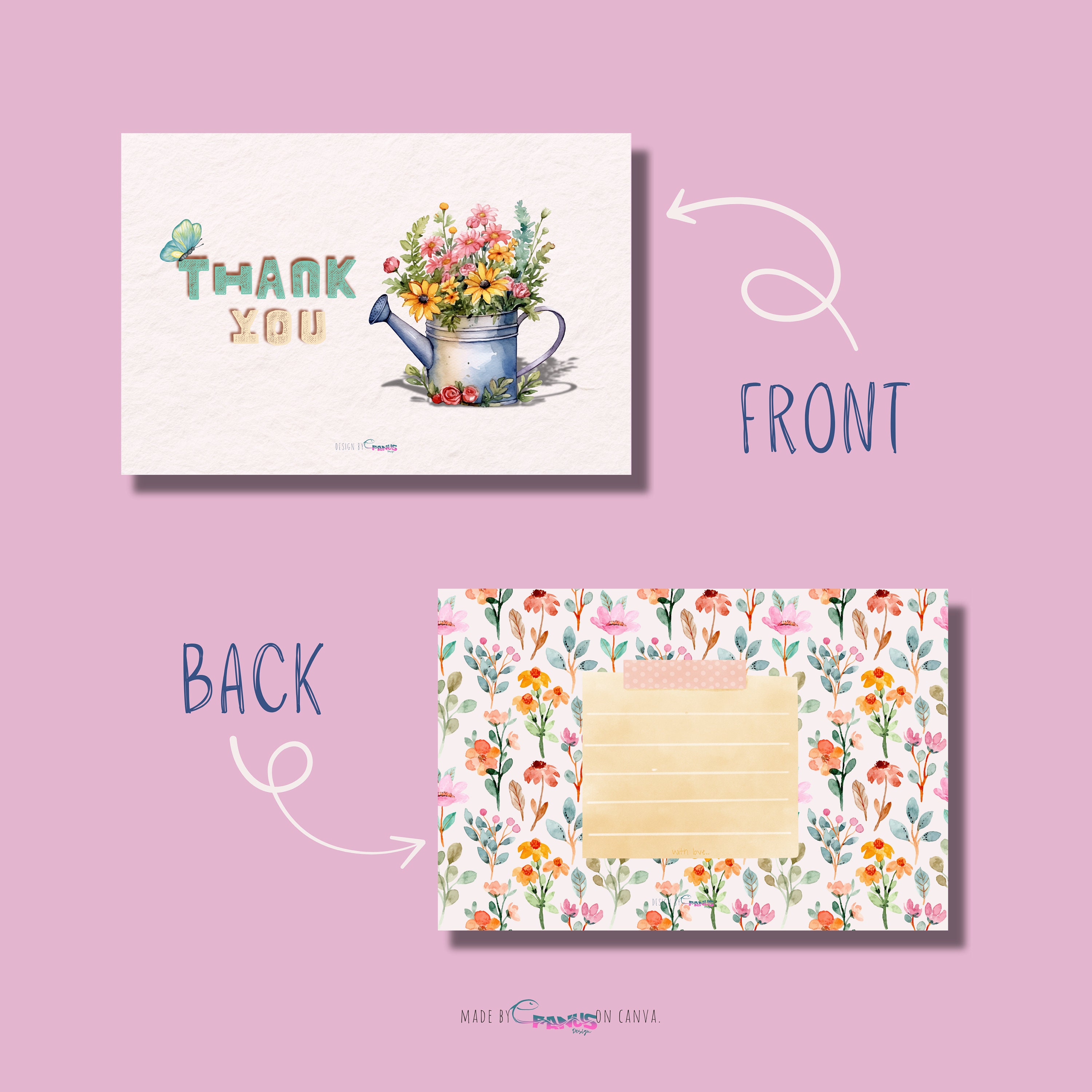 Elegant Powder Pink Thank You Note Card With Watercolor Flower Garden ...