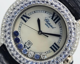 Chopard Happy Sport Ladies 33mm 18K White Gold W/ Dia & Blue Sapphires 27/6323 W/ Custom Leather Band