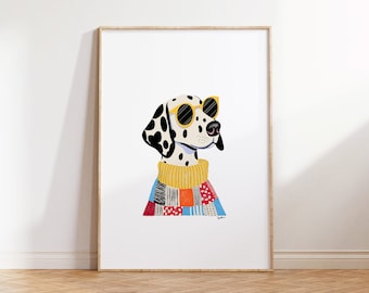 Könnte beinhalten: Eine digitale Illustration eines Dalmatiners mit gelber Sonnenbrille und einem bunten Patchwork-Pullover. Der Hund schaut nach rechts im Bild.
