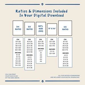 K&ouml;nnte beinhalten: Eine Tabelle mit verschiedenen Seitenverh&auml;ltnissen und Abmessungen f&uuml;r digitale Downloads. Die Tabelle enth&auml;lt Ma&szlig;e in Zoll und Zentimetern. Der Text "Ratios & Dimensions Included In Your Digital Download" befindet sich oben in der Tabelle.