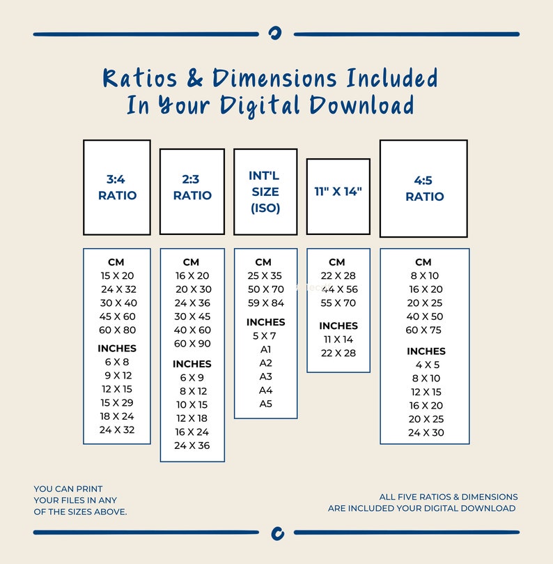 K&ouml;nnte beinhalten: Eine Tabelle mit verschiedenen Seitenverh&auml;ltnissen und Abmessungen f&uuml;r digitale Downloads. Die Tabelle enth&auml;lt Ma&szlig;e in Zoll und Zentimetern. Der Text "Ratios & Dimensions Included In Your Digital Download" befindet sich oben in der Tabelle.