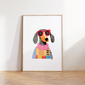 K&ouml;nnte beinhalten: Eine bunte Illustration eines Hundes, der eine rosa Sonnenbrille und einen mehrfarbigen Pullover tr&auml;gt. Der Hund hat schwarz-braunes Fell und eine rosa Nase.