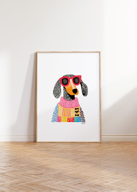 Preppy Dachshund Art Digital Download, Quirky Dog in Colorful Sweater and Sunglasses, Fun Printable Dog Wall Art, Whimsical Dachshund Decor