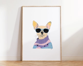 Könnte beinhalten: Eine digitale Illustration eines Chihuahuas mit blauer Sonnenbrille und einem lila, rosa und blauen Pullover mit schwarzen Herzen. Der Hintergrund ist weiß.