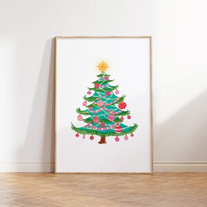 Christmas Tree Art Print, Holiday Decor, Preppy Christmas Tree Illustration, Digital Christmas Art, Colorful Holiday Print