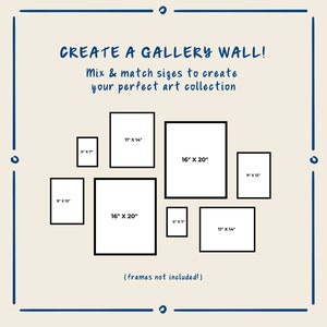 K&ouml;nnte beinhalten: Ein Diagramm, das verschiedene Gr&ouml;&szlig;en von Bilderrahmen f&uuml;r die Gestaltung einer Bilderwand zeigt. Die Gr&ouml;&szlig;en sind 5" x 7", 9" x 12", 11" x 14" und 16" x 20". Der Text lautet "Erstelle eine Bilderwand! Mische und kombiniere die Gr&ouml;&szlig;en, um deine perfekte Kunstsammlung zu kreieren. (Rahmen nicht enthalten!)"
