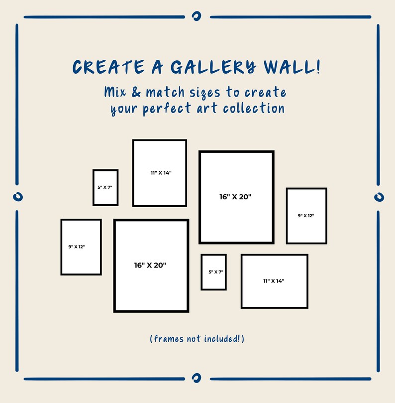 K&ouml;nnte beinhalten: Ein Diagramm, das verschiedene Gr&ouml;&szlig;en von Bilderrahmen f&uuml;r die Gestaltung einer Bilderwand zeigt. Die Gr&ouml;&szlig;en sind 5" x 7", 9" x 12", 11" x 14" und 16" x 20". Der Text lautet "Erstelle eine Bilderwand! Mische und kombiniere die Gr&ouml;&szlig;en, um deine perfekte Kunstsammlung zu kreieren. (Rahmen nicht enthalten!)"
