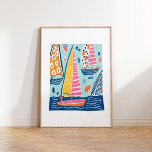 Colorful Sailing Boats Digital Download, Nautical Wall Decor, Preppy Coastal Art, Whimsical Boat Illustration, Beach House Wall Art