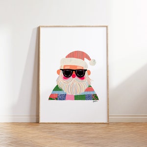 Quirky Preppy Santa Art Print, Santa with Sunglasses Digital Download, Santa Clause Wall Print, Colorful Santa, Christmas Decor Download