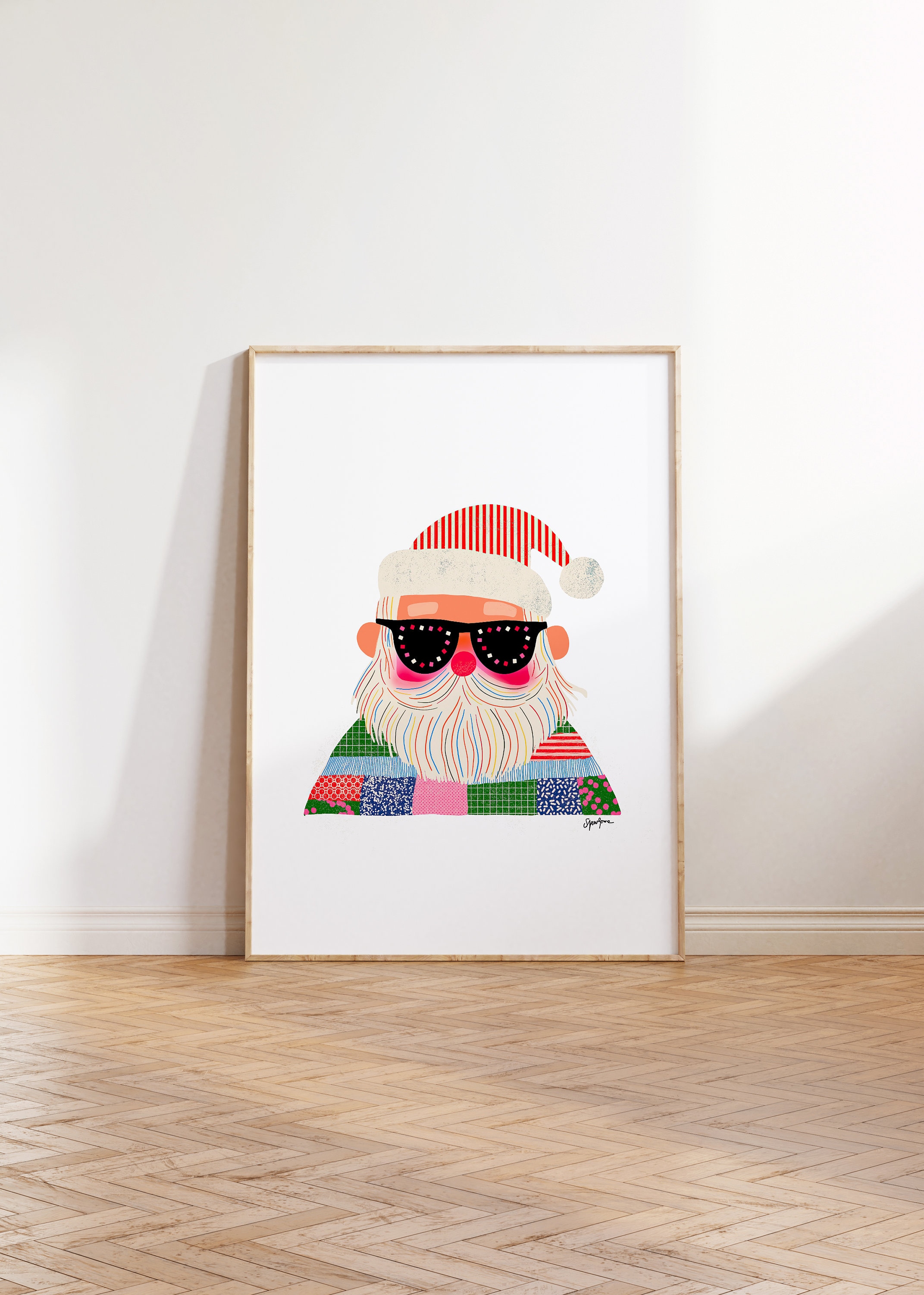 Fun Colorful Santa Art Print, Cute Santa With Sunglasses, Retro ...
