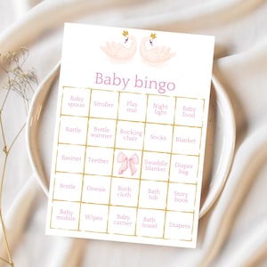 Zwaan babyshower bingospel roze babyshowerspel voor meisjes prinses babyshower activiteit afdrukbare bingokaarten voorgevuld