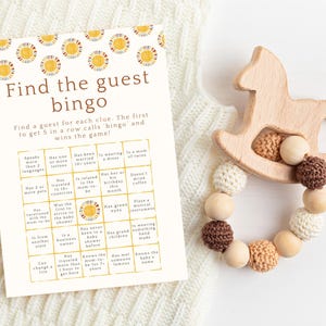 Vind het gastbabyshowerspel | Hier komt de zoon-bingo | Mingle-ijsbreker | Babyshower-activiteit zon | Afdrukbare gamekaarten