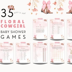 Peut inclure: Un ensemble de 8 jeux de baby shower imprimables sur le th&egrave;me floral rose et marron. Les jeux comprennent "Baby Around the World", "Baby Word Game", "Baby ABC", "How Big is Her Belly?", "Baby Traits", "Baby Bingo", et "Don't Say Baby!"