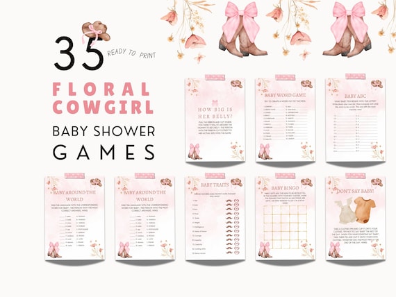 Floral Cowgirl Baby Shower Games Bundle: 35 Printable Western Party Activities (PDF Download A4/A5