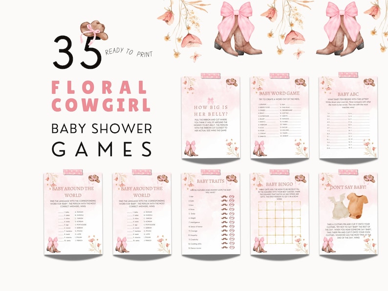 Peut inclure: Un ensemble de 8 jeux de baby shower imprimables sur le th&egrave;me floral rose et marron. Les jeux comprennent "Baby Around the World", "Baby Word Game", "Baby ABC", "How Big is Her Belly?", "Baby Traits", "Baby Bingo", et "Don't Say Baby!"