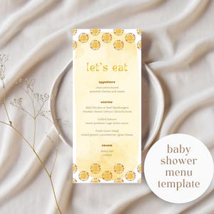 Menusjabloon zon babyshower | Hier komt het zoonmenu | Menu Sunshine-babyshower | Bewerkbaar canva-menu | Let's Eat-bord