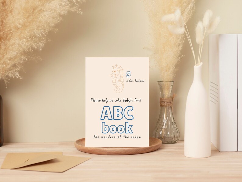 Baby Shower ABC book for an Ocean Baby Shower, Mermaid Baby Shower, Cute Ocean Animals ABC Coloring Pages, Baby Shower Keepsake, Ocean Baby Shower ABC, Ocean ABC, Ocean and Sea theme, Under the Sea Baby Shower, Under the Sea ABC, Under the Sea Alphabet, Seahorse, Jellyfish, Starfish, Baby's First ABC Coloring Pages, Baby Shower Keepsake, Gender Neutral, Boy Baby Shower, Girl Baby Shower, Baby Shower Game Printable, Baby Shower Activity Ideas, Personizable ABC book, Customizable ABC Book