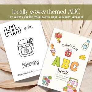 May include: Two illustrated baby ABC books. One features the letter "H" for "Honey" with a jar of honey. The other book is titled "Baby's first ABC book" with colorful illustrations of food items like bread, cheese, and a jar of jam.