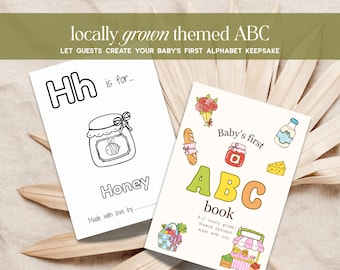 Locally Grown ABC Book Food Homegrown Baby Shower Game Printable Alphabet Coloring Pages Fruits and Vegetables Little Sprout Theme Activity