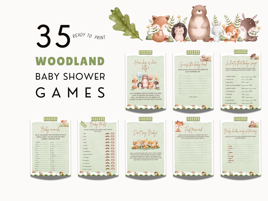 Woodland Baby Shower Game Bundle, Woodland Animals Baby Shower Games