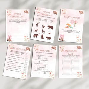 Peut inclure: Un ensemble de cartes de jeu de baby shower imprimables avec des motifs floraux roses et bruns. Les cartes comprennent des jeux comme "Liste de seaux pour la 1&egrave;re ann&eacute;e", "Grossesse animale", "Des bonbons, quelqu'un ?", "Plus ou moins", "Faits sur les b&eacute;b&eacute;s" et "Course aux pr&eacute;noms de b&eacute;b&eacute;s".