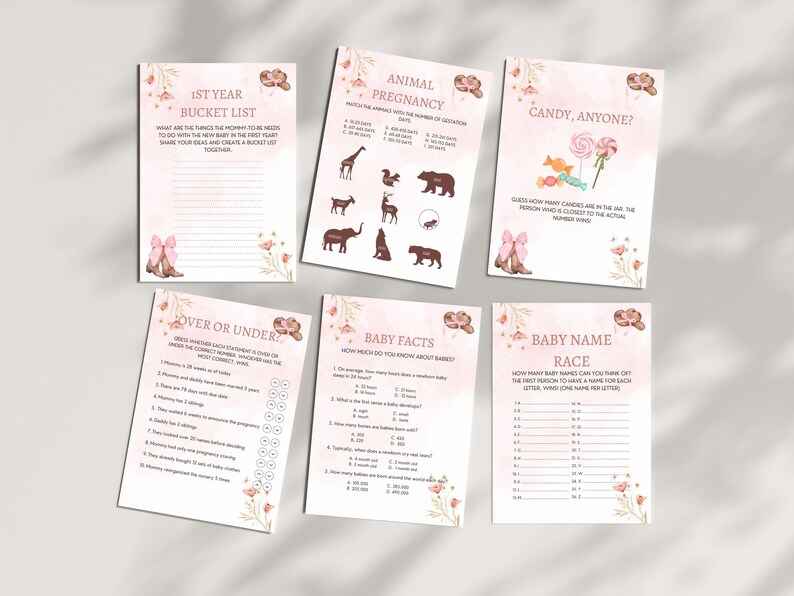 Peut inclure: Un ensemble de cartes de jeu de baby shower imprimables avec des motifs floraux roses et bruns. Les cartes comprennent des jeux comme "Liste de seaux pour la 1&egrave;re ann&eacute;e", "Grossesse animale", "Des bonbons, quelqu'un ?", "Plus ou moins", "Faits sur les b&eacute;b&eacute;s" et "Course aux pr&eacute;noms de b&eacute;b&eacute;s".