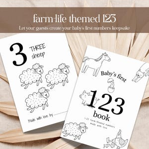 Può includere: Due biglietti bianchi con testo nero e illustrazioni di animali della fattoria. Un biglietto dice "3 THREE sheep" con disegni di pecore. L'altro dice "Baby's first 123 book" con vari disegni di animali della fattoria. I biglietti sono su uno sfondo neutro.