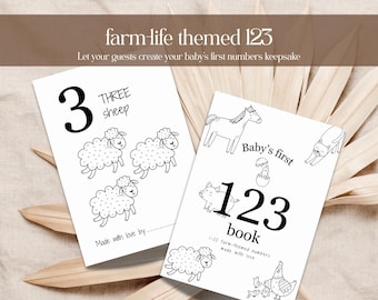 Farm Baby Shower Game Baby's First 123 Book Printable Numbers Coloring Pages Barnyard Guestbook Alternative Baby Shower Keepsake Idea