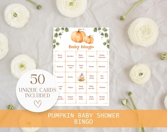 Pumpkin Baby Shower Bingo Game Fall Baby Shower Game Baby Bingo Cards Prefilled Baby Shower Bingo Autumn Baby Shower Game 50 Unique Cards