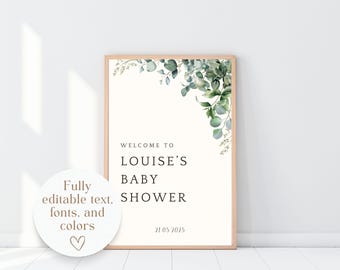Editable Eucalyptus Baby Shower Welcome Sign, Minimalist Greenery Poster, Modern Baby Shower Decor, Printable Baby Shower Sign Template