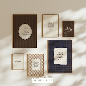 May include: A collection of framed wall art with a rustic, country theme. The art includes a brown striped print with a boot illustration, a plaid print with the text "Thank Heaven for Little Boys," and other prints with inspirational quotes.