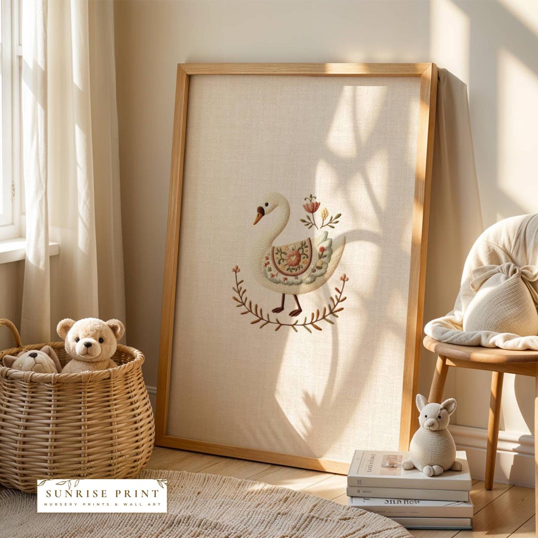 Embroidered Swan Nursery Wall Art Cottagecore Kids Room Decor Vintage ...