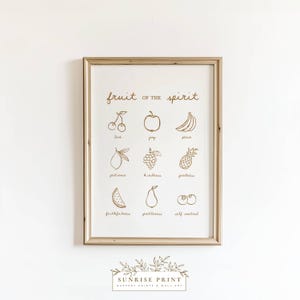 May include: A framed print featuring the phrase "fruit of the spirit" and drawings of fruits. The print includes the words: love, joy, peace, patience, kindness, goodness, faithfulness, gentleness, and self control. The frame is a light brown color.