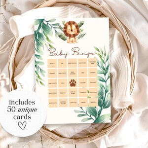 Safari Baby Shower Bingo Jeu de baby shower sauvage Thème de la jungle Cartes de bingo pour bébé préremplies Jeu de fête pour bébé modifiable Activité de bingo-test