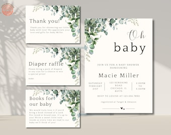 May include: A baby shower invitation with a green and white floral design. The invitation says "Oh baby" and includes the details for the shower, including the date, time, location, and RSVP information. The invitation also includes a thank you card, a diaper raffle card, and a book request card.