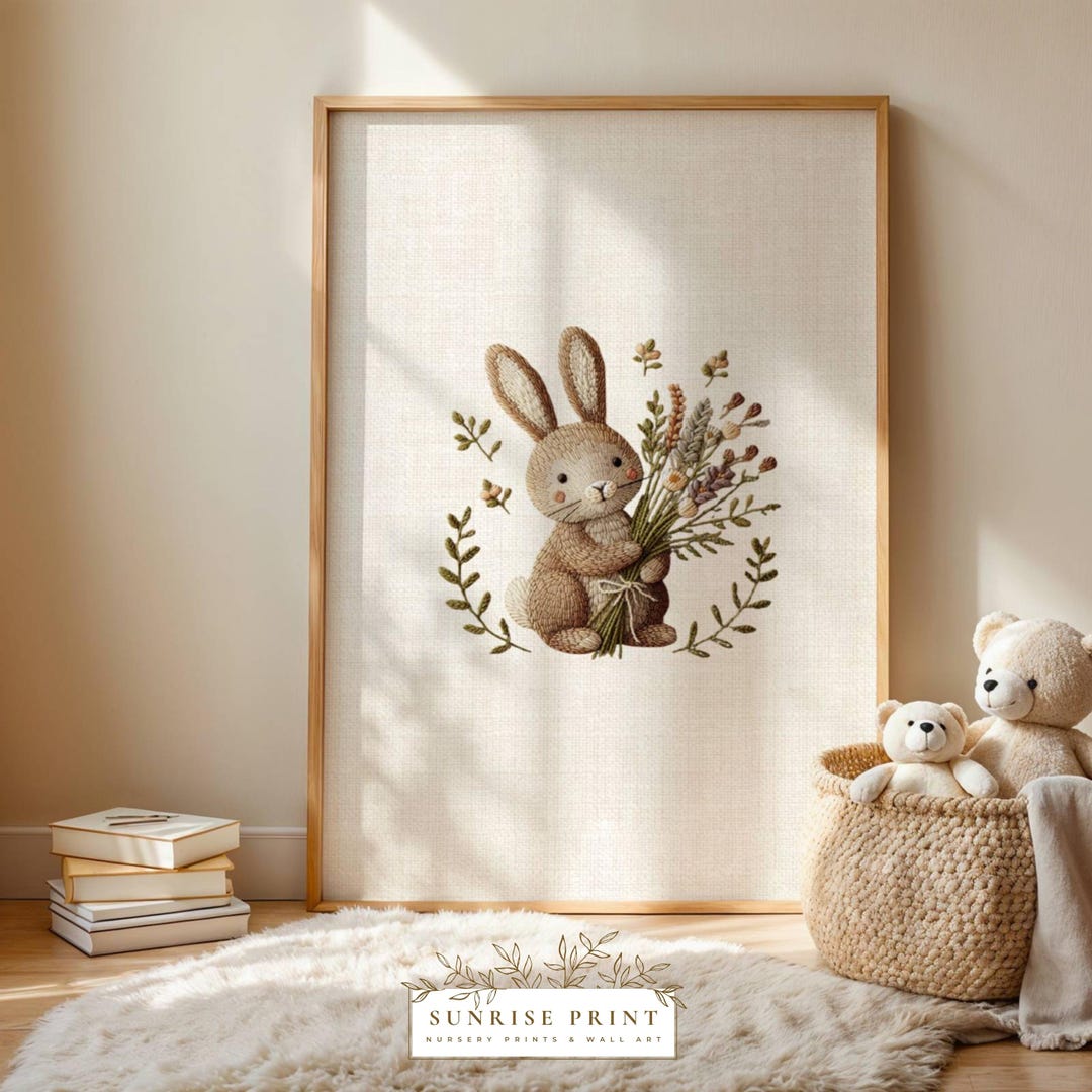 Embroidered Bunny Nursery Wall Art Cottagecore Kids Room Decor Vintage ...