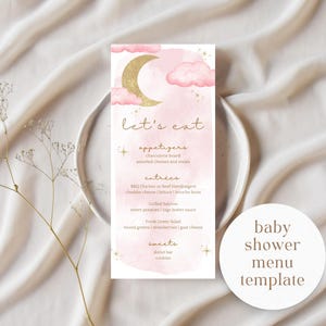 Menu na Baby Shower Over The Moon | Szablon menu na Baby Shower Pink Moon | Niebiańskie menu na Baby Shower | Edytowalne menu na Baby Shower