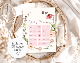 Baby in bloei babyshower bingo Wildflower babyshowerspel Voorgevulde bingokaarten Afdrukbare bloemen babyshower activiteit meisje