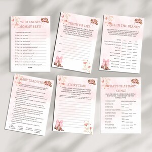 Peut inclure: Un ensemble de cartes de jeu de baby shower imprimables avec un th&egrave;me rose et marron. Les cartes pr&eacute;sentent un motif floral avec des bottes de cow-boy roses. Les jeux comprennent "Qui conna&icirc;t le mieux maman ?", "Vrai ou faux ?", "Remplissez les blancs", "Tradition de b&eacute;b&eacute;", "Heure du conte" et "Quelle est cette chanson de b&eacute;b&eacute; ?"