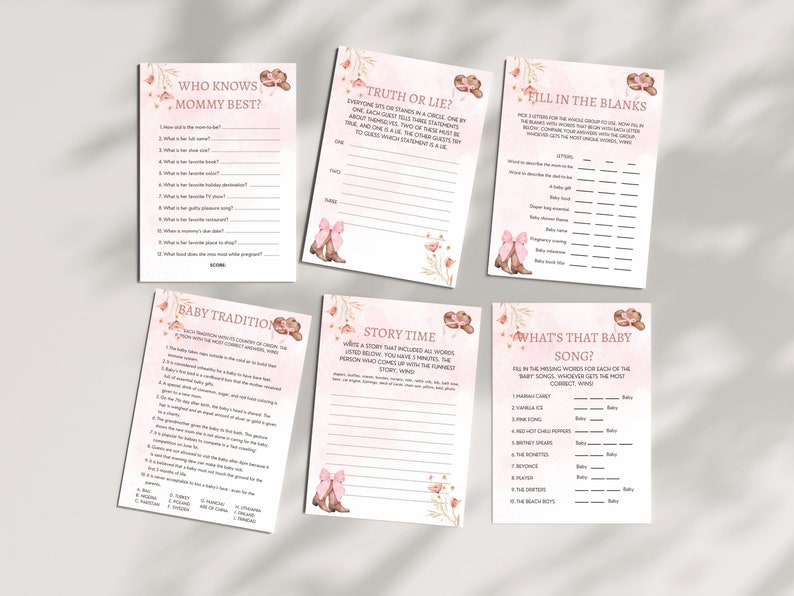 Peut inclure: Un ensemble de cartes de jeu de baby shower imprimables avec un th&egrave;me rose et marron. Les cartes pr&eacute;sentent un motif floral avec des bottes de cow-boy roses. Les jeux comprennent "Qui conna&icirc;t le mieux maman ?", "Vrai ou faux ?", "Remplissez les blancs", "Tradition de b&eacute;b&eacute;", "Heure du conte" et "Quelle est cette chanson de b&eacute;b&eacute; ?"