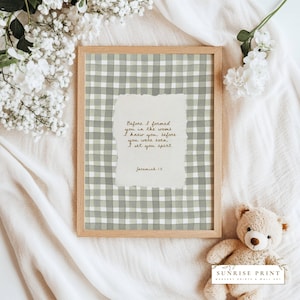 Jeremiah 1:5 Wall Art Christian Nursery Poster Sage Green Gingham Bible Verse Print for Boy Gift for Mom Baby Scripture Wall Farmhouse Decor