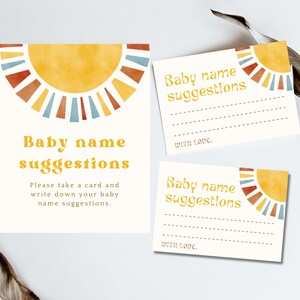 Sunshine Suggesties voor babynamen Spel Afdrukbare babyshoweractiviteit Here Comes The Son Thema Naamideeën Bordje en kaarten