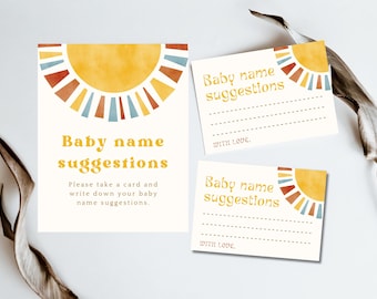 May include: Three printable cards with a yellow sun design and the text "Baby name suggestions". The cards are for a baby shower and guests can write down their name suggestions.