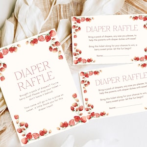 Erdbeere-Windel-Verlosung Zeichen-Baby-Dusche-Gewinnkarte Beere Süß-Baby-Dusche-Spiel Printable Raffle Karten Mädchen-Baby-Dusche-Spiel-Idee