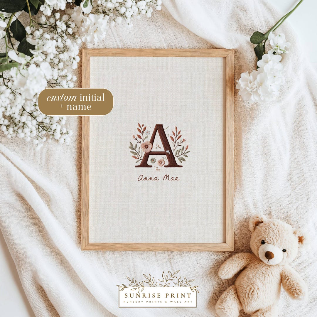 Custom Name Wall Art Floral Embroidery Style Nursery Artwork ...