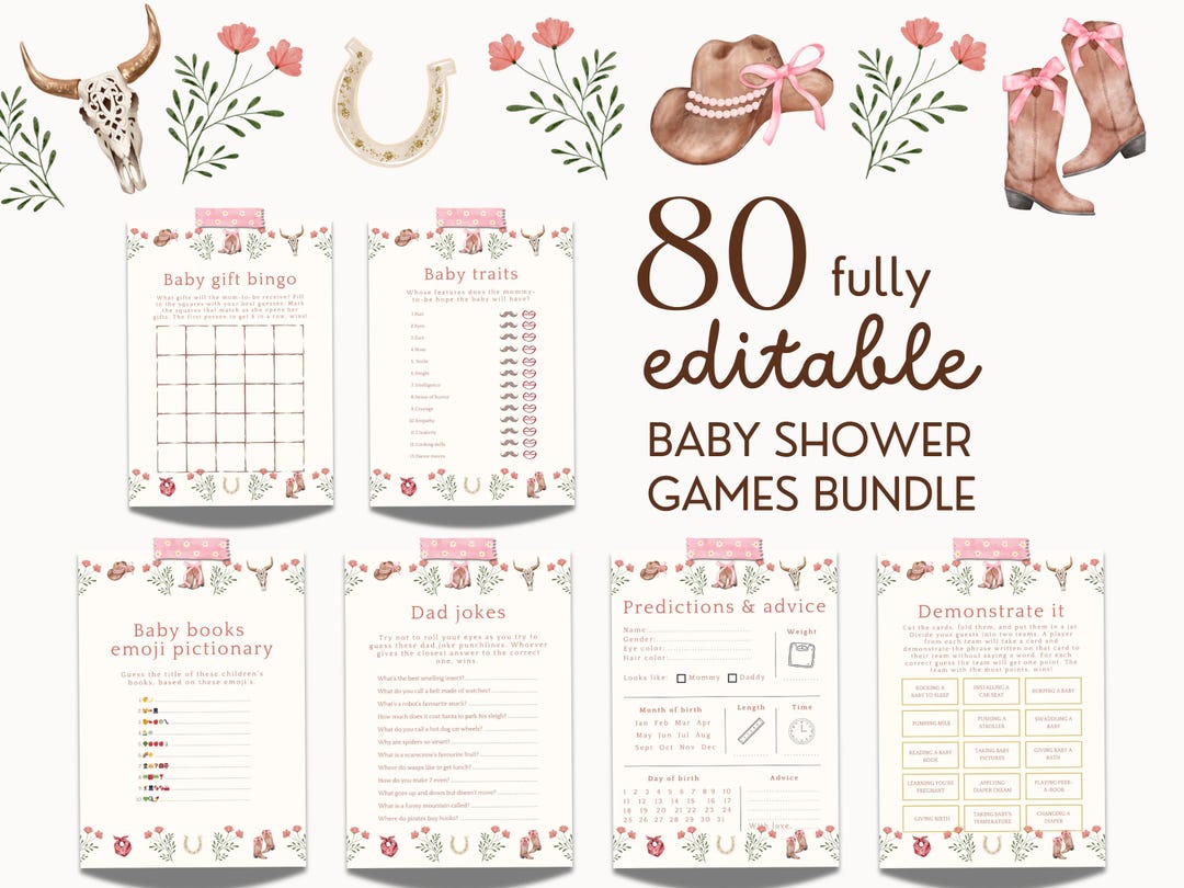 Cowgirl Baby Shower Game Bundle Pink Florals Western Baby Shower Games ...
