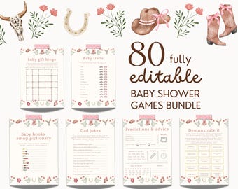 Ensemble de jeux de douche de bébé cow-girl fleurs roses, jeux de douche de bébé occidentaux, rodéo, douche de bébé fille, activités de fête du Far West, ensemble imprimable